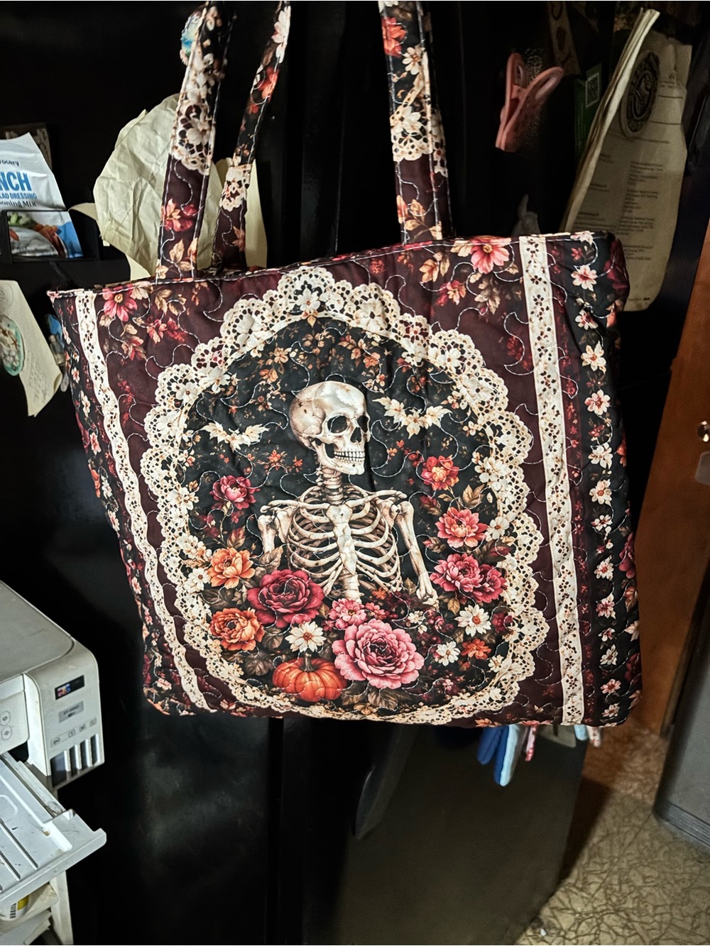 Floral Skeleton Quilted Tote Bag - Black and Pink brand new 16x 17